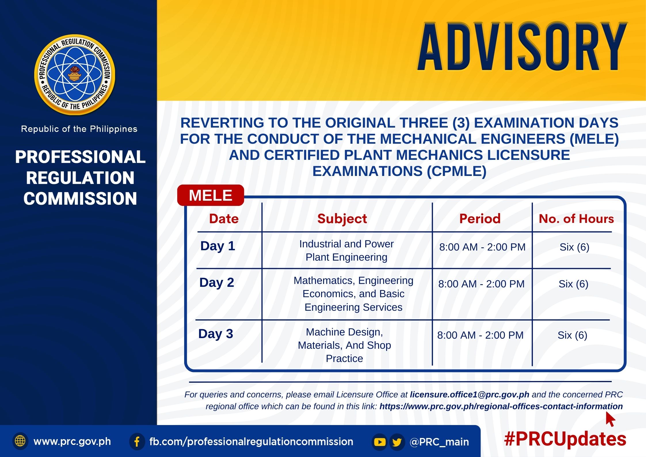 Reverting to the Original Three (3) Examination Days for the Conduct of